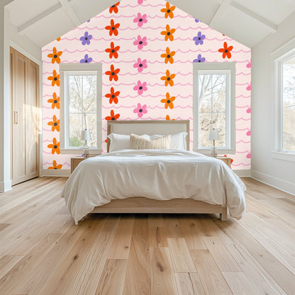 Entryway styling with Ripple & Bloom behind a wood dresser and round mirror, demonstrating pattern in a narrow wall