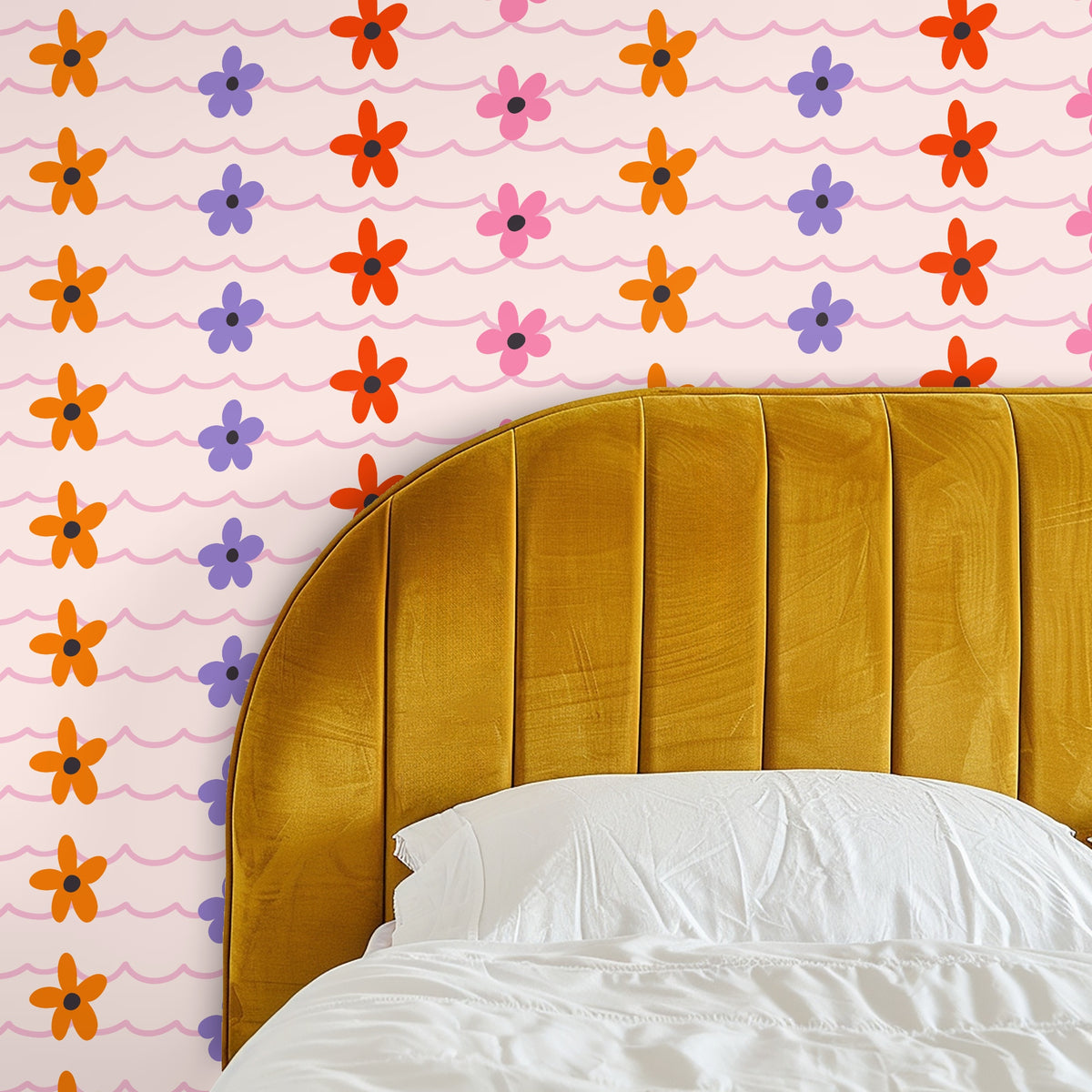 Close-up of Ripple & Bloom artwork: soft blush field with dusty-pink scalloped lines and scattered orange, red and lavender five-petal flor¬