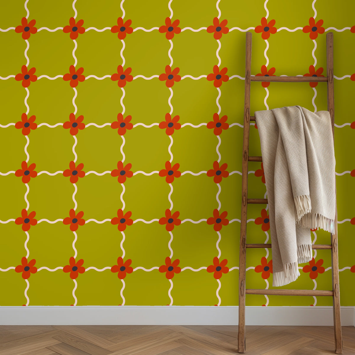 Detail shot of Marigold Lattice pattern behind a leather chair and marble side table illustrating scale