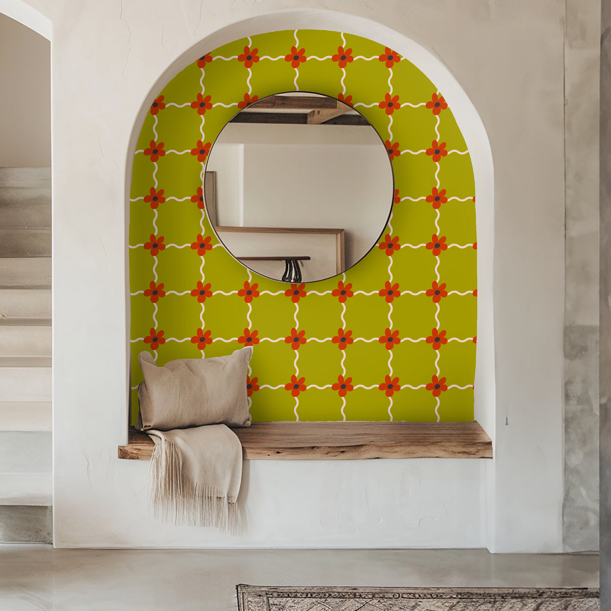 Bathroom medicine cabinet open against a Marigold Lattice wallpaper field showing pattern scale around fixtures