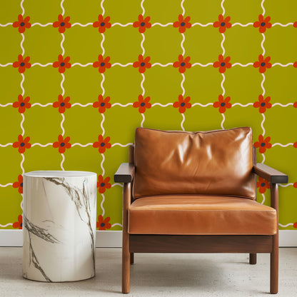 Entryway with arched niche and round mirror, Marigold Lattice wallpaper as a bold focal backdrop