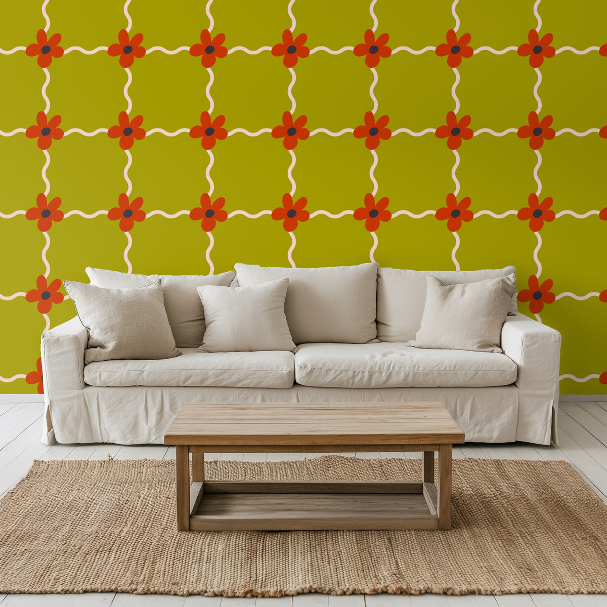 Full-wall installation of Marigold Lattice in a small alcove, pattern aligning neatly around the window trim