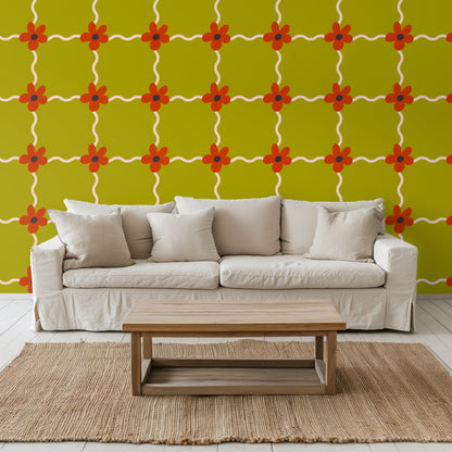Full-wall installation of Marigold Lattice in a small alcove, pattern aligning neatly around the window trim