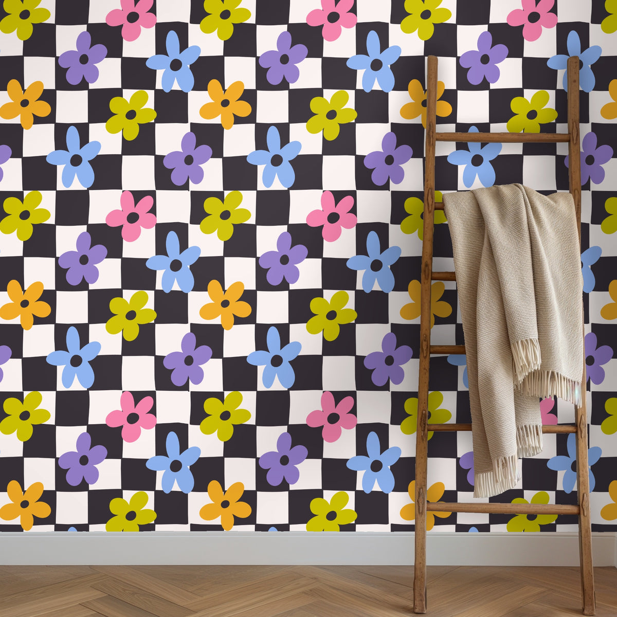 Laundry room vignette: Petal Check wallpaper above a washer and countertop, bringing a bold, playful backdrop to the utility space