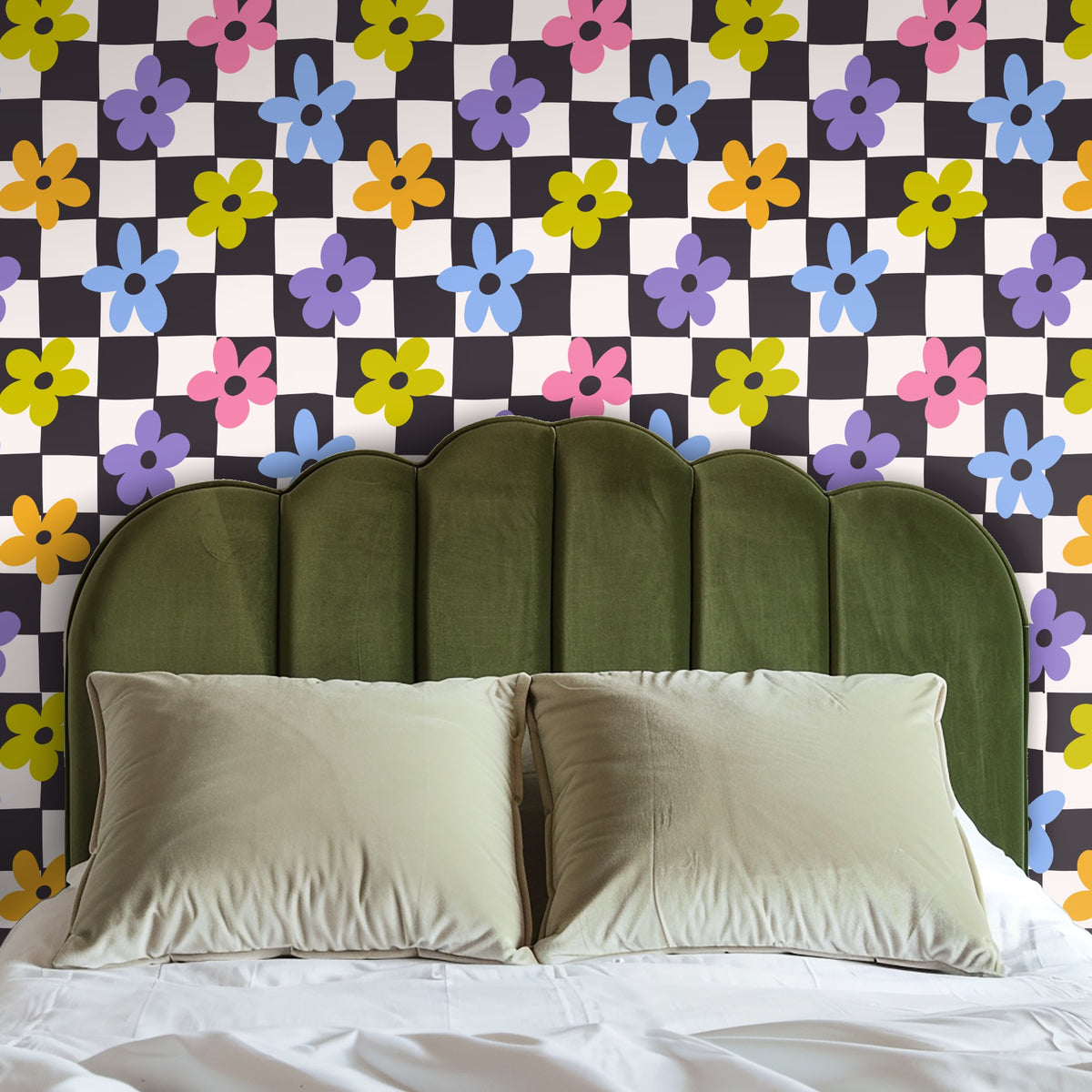 Styled scene with a blanket ladder against Petal Check wallpaper, showing the scale of the floral-and-check repeat next to a neutral throw