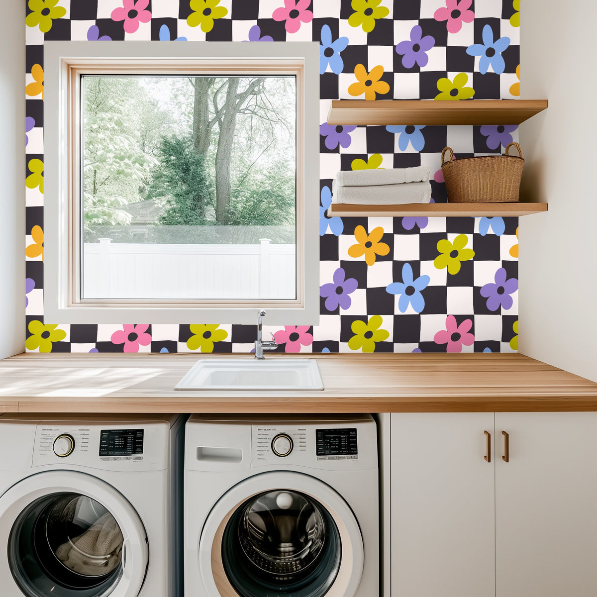 Bathroom view with a wooden medicine cabinet mounted on Petal Check wallpaper showing colorful flowers over the checkerboard field