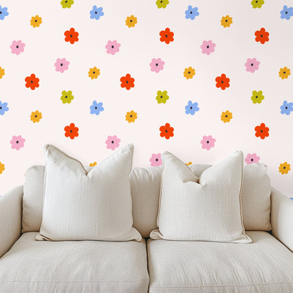 Wide wall view of Petite Posy in a nursery setting showing how the repeat reads from a distance