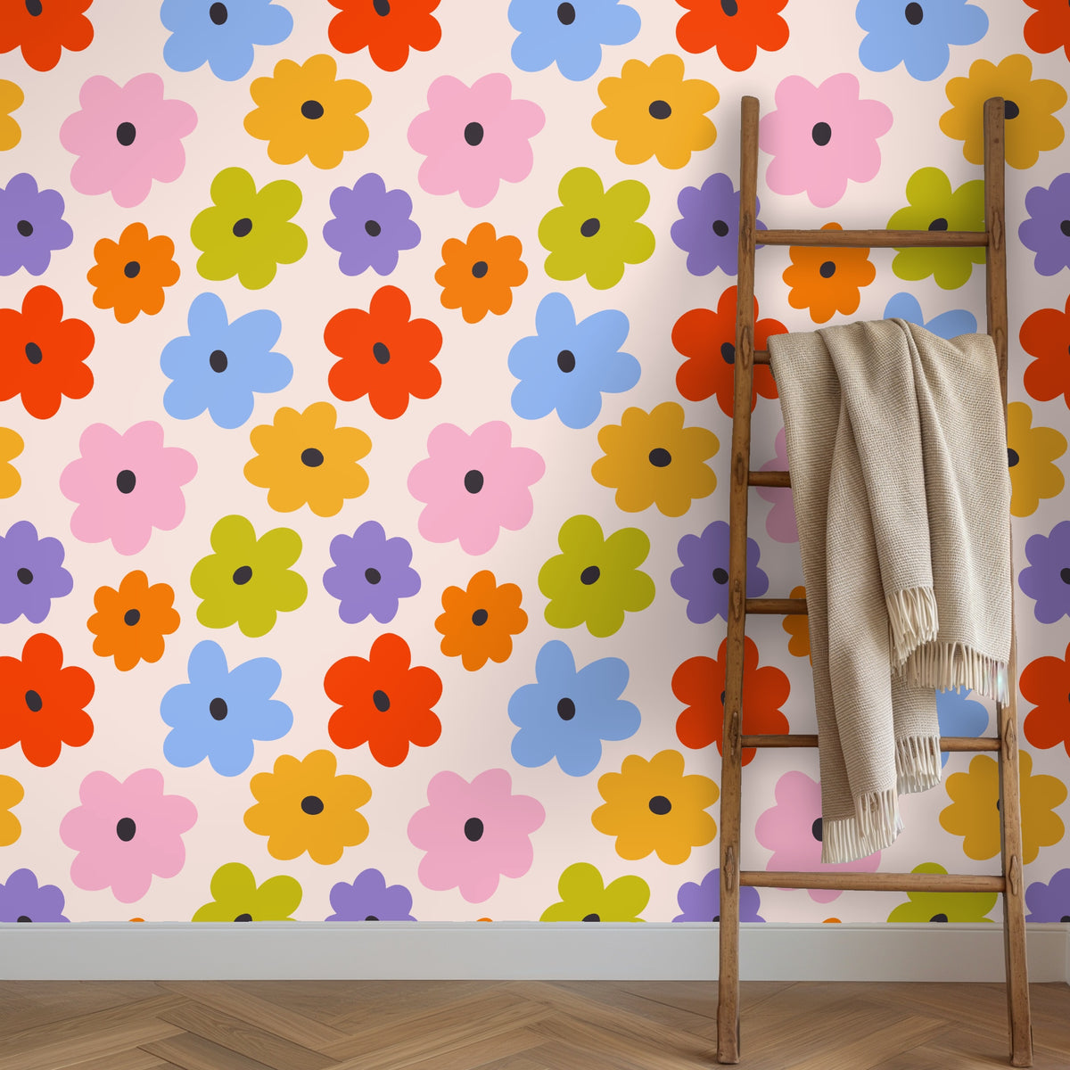 Arched entryway lined with the floral wallpaper, pattern wrapping a tall wall around the doorway