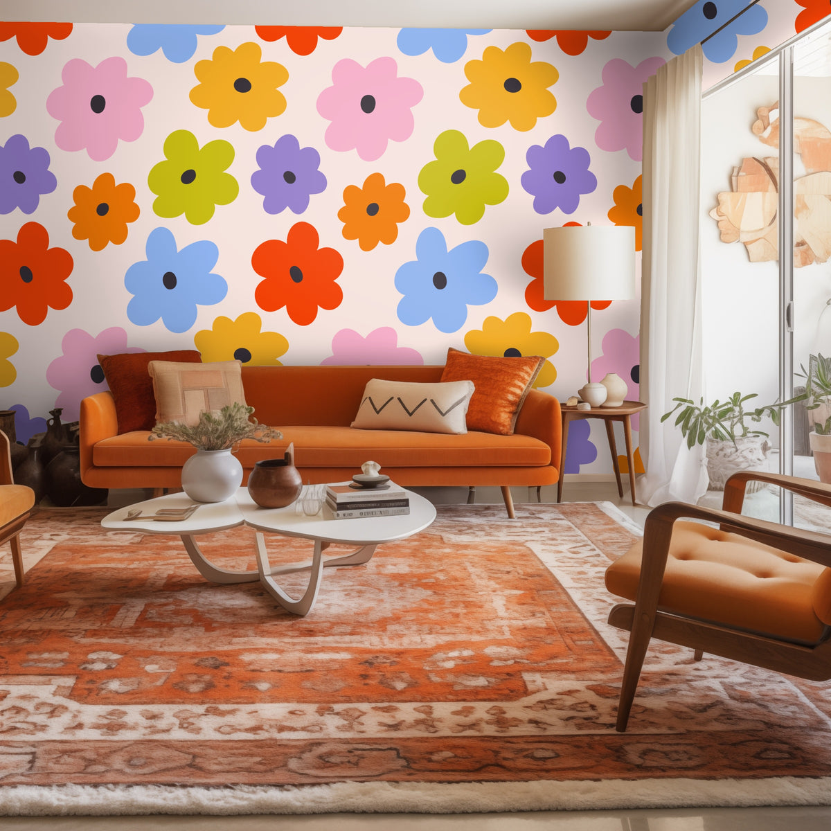 Wood medicine cabinet mounted on a wall covered in the playful daisy wallpaper, cabinet door open to reveal toiletries