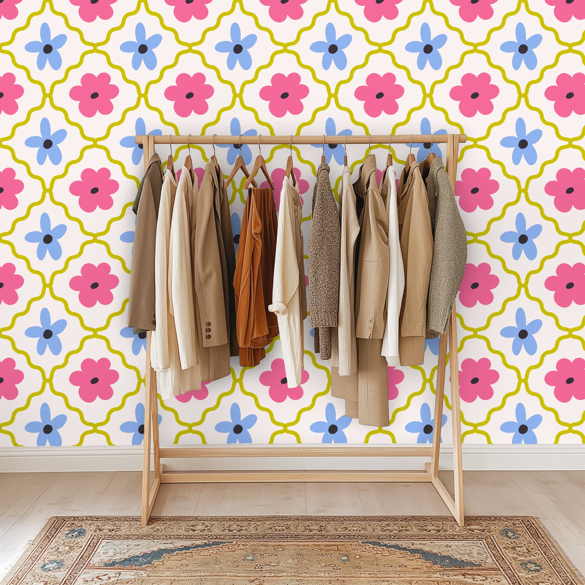 Seamless repeat crop that emphasizes the diamond tile structure and hand-drawn floral shapes