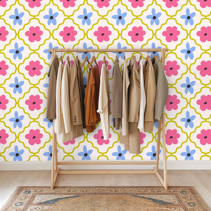 Seamless repeat crop that emphasizes the diamond tile structure and hand-drawn floral shapes