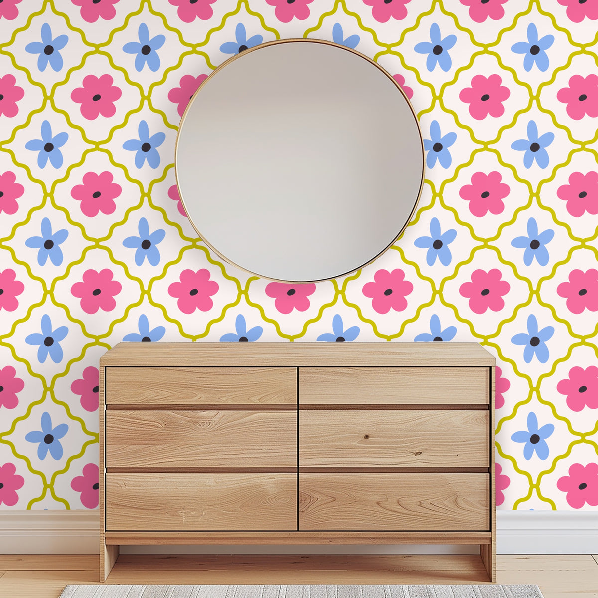 Entryway console and framed art anchored by the Petal Lattice floral tile wallpaper