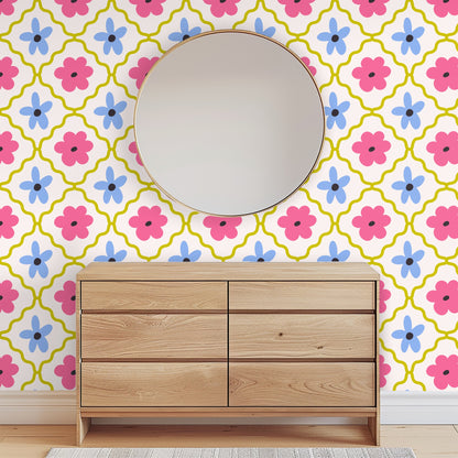 Entryway console and framed art anchored by the Petal Lattice floral tile wallpaper
