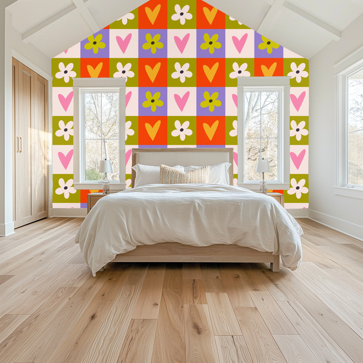 Close-up of original Sweet Love Grid artwork: repeating checkerboard of hearts and five-petal flowers in orange, olive, lavender, pink and a