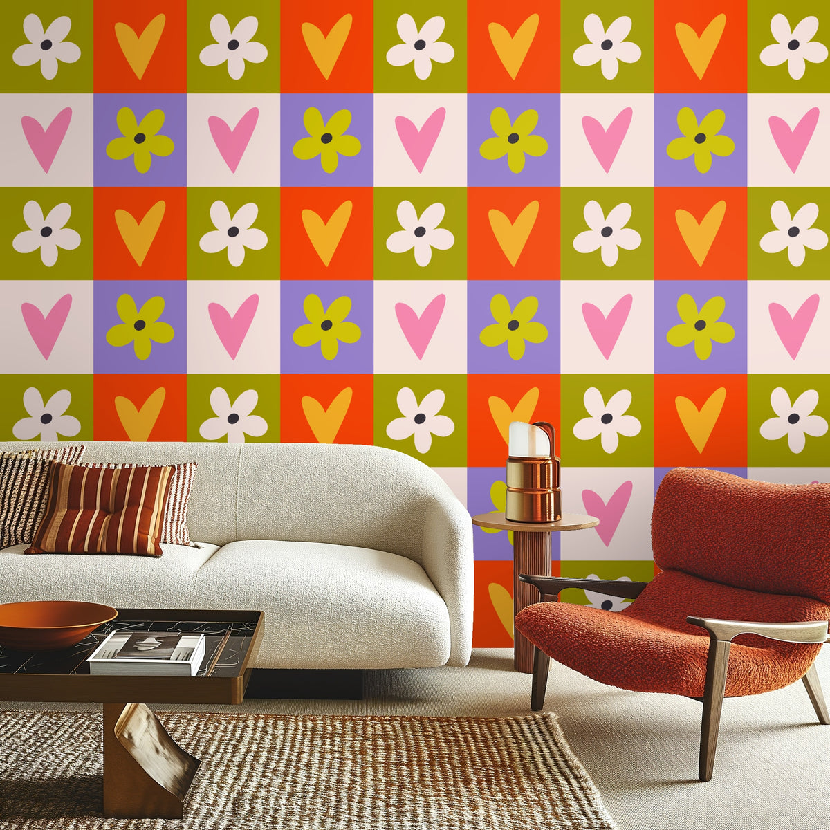 Side view of a living area showing the pattern as a textured backdrop behind a marble side table and chair