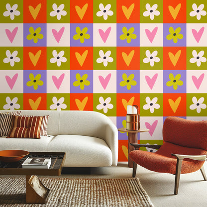 Side view of a living area showing the pattern as a textured backdrop behind a marble side table and chair
