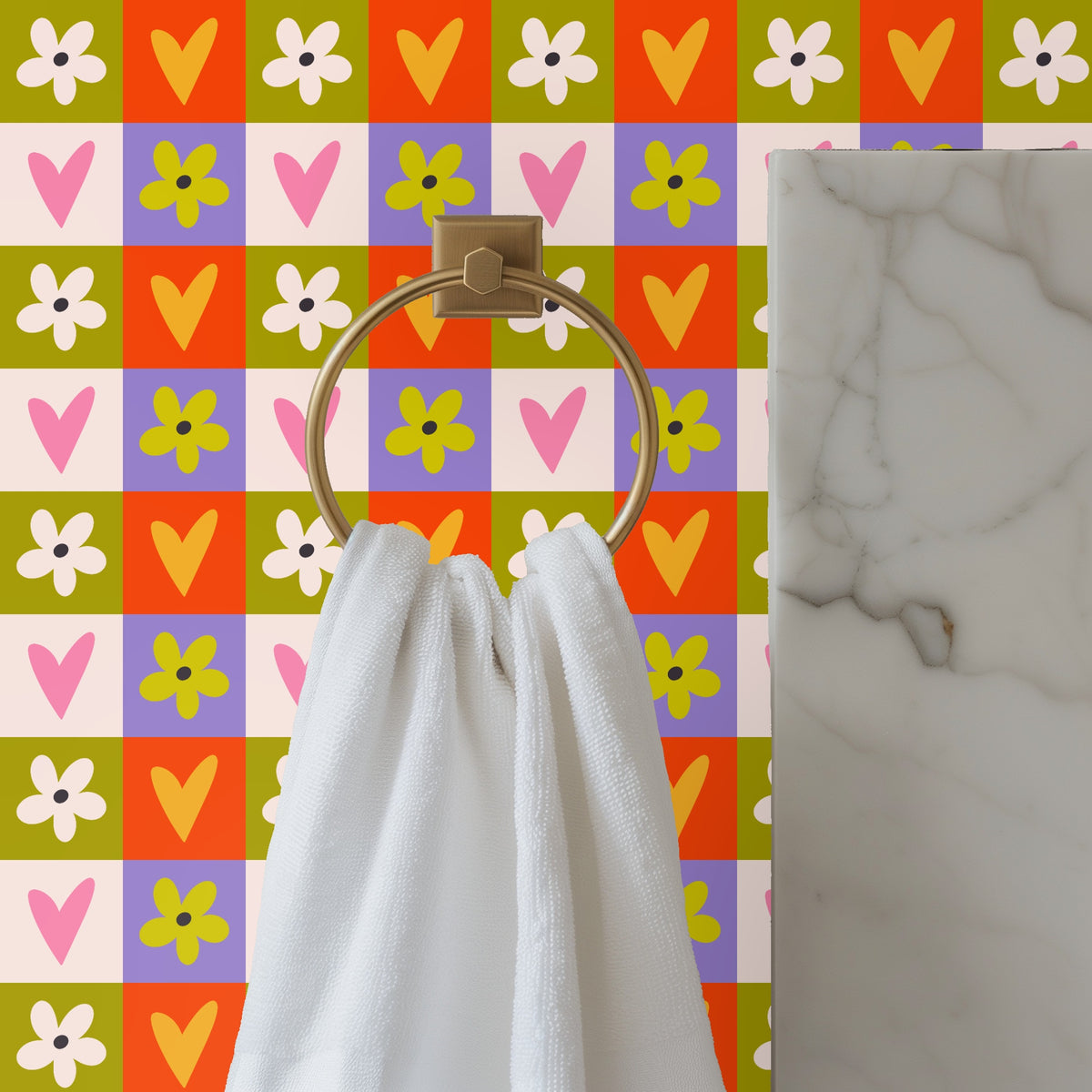 Laundry room mockup with the playful checkerboard used as a backsplash above washer and dryer