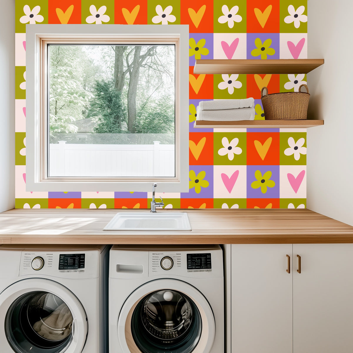 Cropped repeat of the grid pattern highlighting alternating heart and daisy motifs in poppy orange, olive and lavender squares