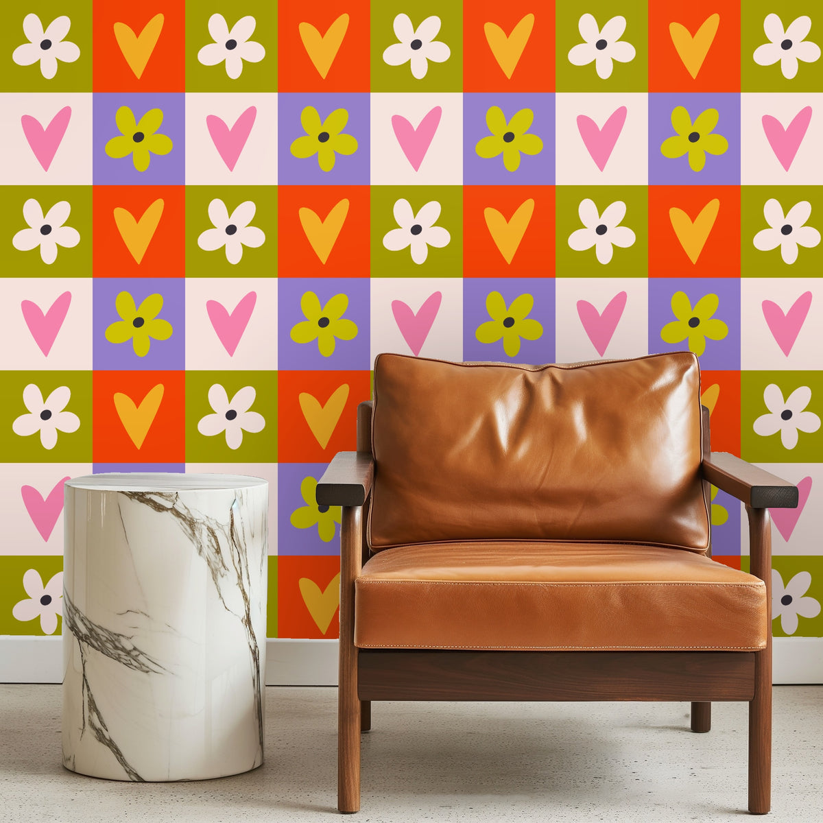 Detail of mustard velvet headboard against the patterned wallpaper showing pink hearts and olive flower tiles