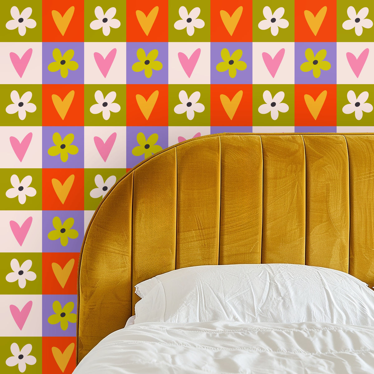 Bedroom mockup with full-height feature wall covered in the hearts-and-flowers checkerboard behind a simple bed and vaulted ceiling