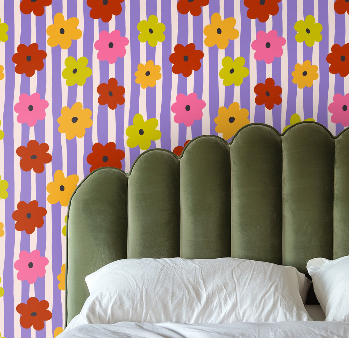 Corner living area with a neutral sofa and the Posy Parade wallpaper as a backdrop, showing how the pattern pairs with warm woods.