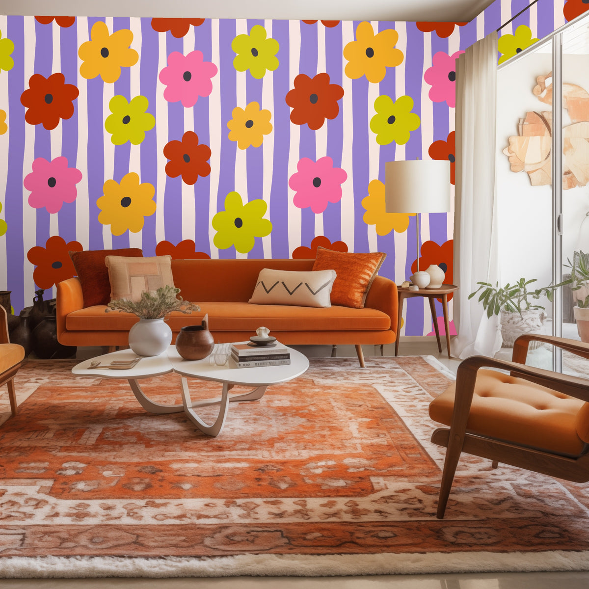 Living room installed view with the Posy Parade wallpaper behind an orange sofa, showing large-scale floral repeat across a full wall.