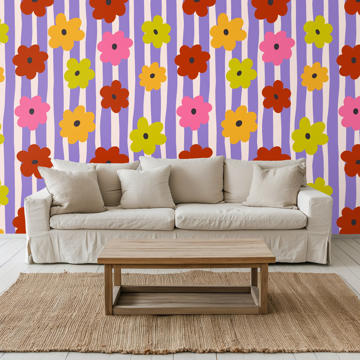 Small-scale room example with a coffee table and rug, illustrating how the wallpaper reads from a few feet away.