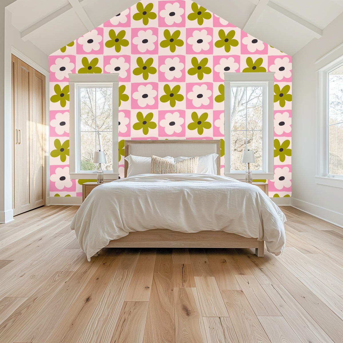 Styled close-up with a lit candle and glass vase in front of Petal Grid wallpaper, highlighting the playful scale and palette.