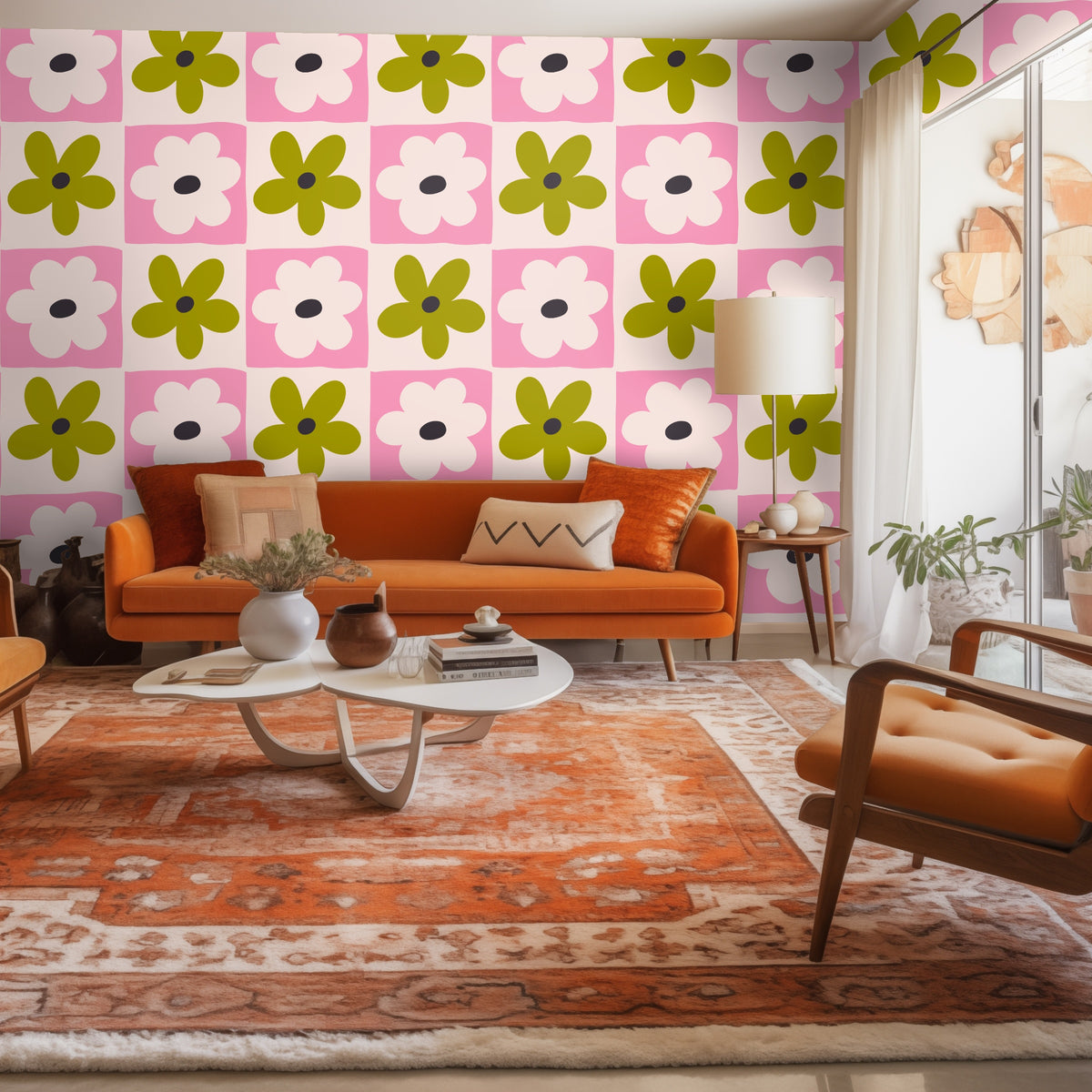 Vaulted bedroom view with Petal Grid wallpaper covering the tall accent wall, showing the pattern’s wall‑to‑wall impact.