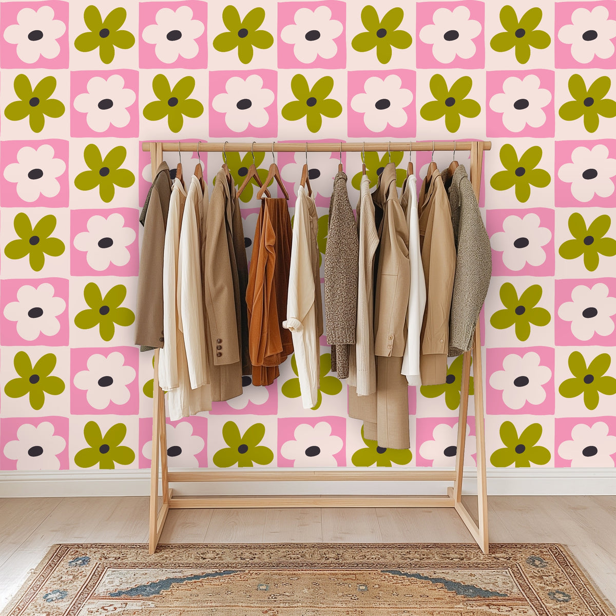 Entryway shot framed by an arch with Petal Grid wallpaper on the far wall, demonstrating a bold foyer statement.