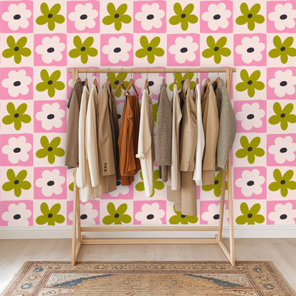 Entryway shot framed by an arch with Petal Grid wallpaper on the far wall, demonstrating a bold foyer statement.