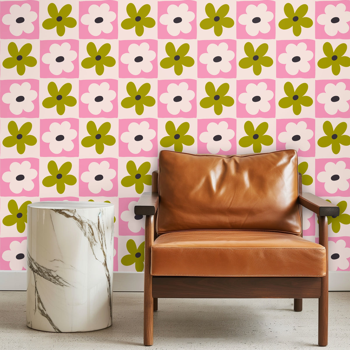 Tight crop showing the imperfect, hand-drawn edges of the pink squares and overlapping floral shapes in the checkerboard.