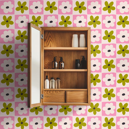 Full pattern repeat of Petal Grid wallpaper illustrating pink hand-drawn squares alternating with olive and blush flowers.