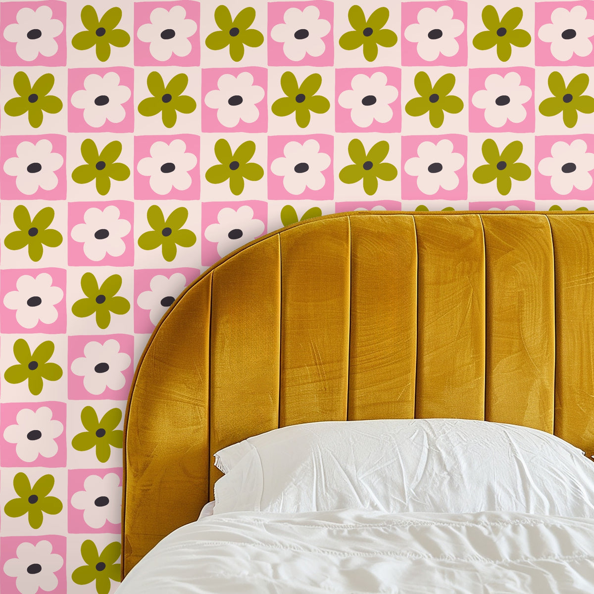 Close-up of Petal Grid artwork showing alternating pale blush and olive five-petal flowers with charcoal centers on a soft blush ground.