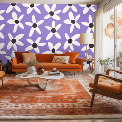 Full-wall view of the Lilac Daisy Parade pattern to show overall repeat and rhythm