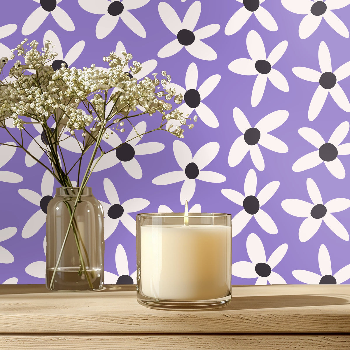 Bedroom headboard framed by Lilac Daisy Parade wallpaper showing pattern scale above the bed