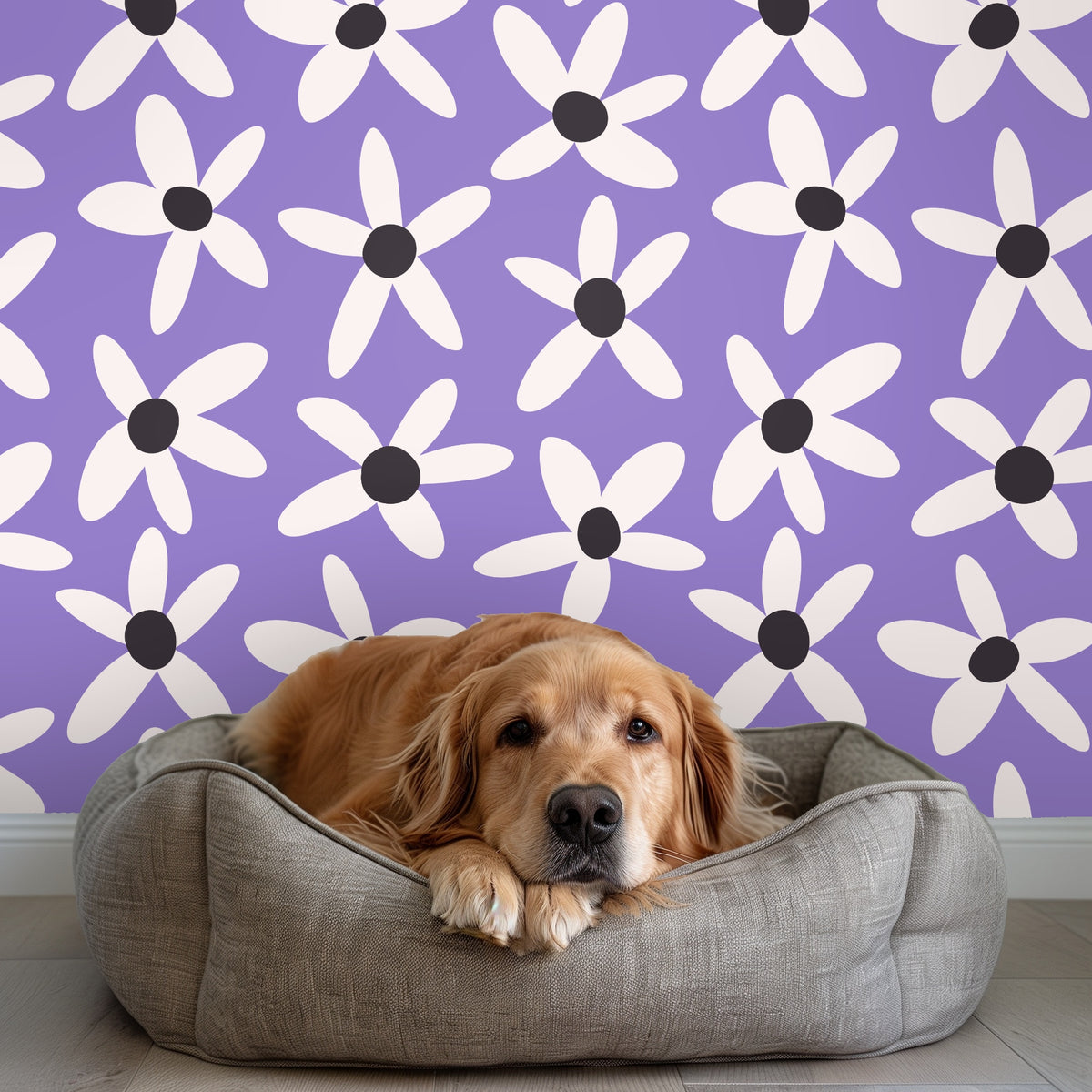 Close-up of Lilac Daisy Parade pattern: cream petals and charcoal centers on a lavender background