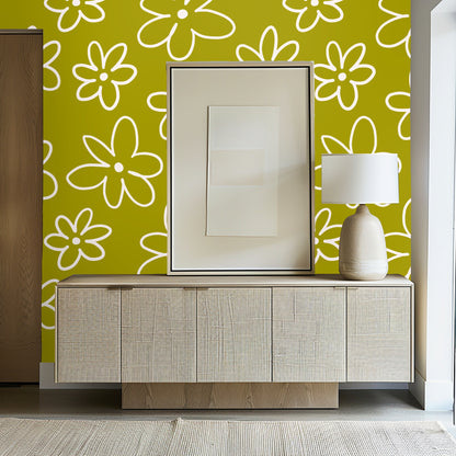 Laundry window view with the daisy wallpaper repeating around the sink area