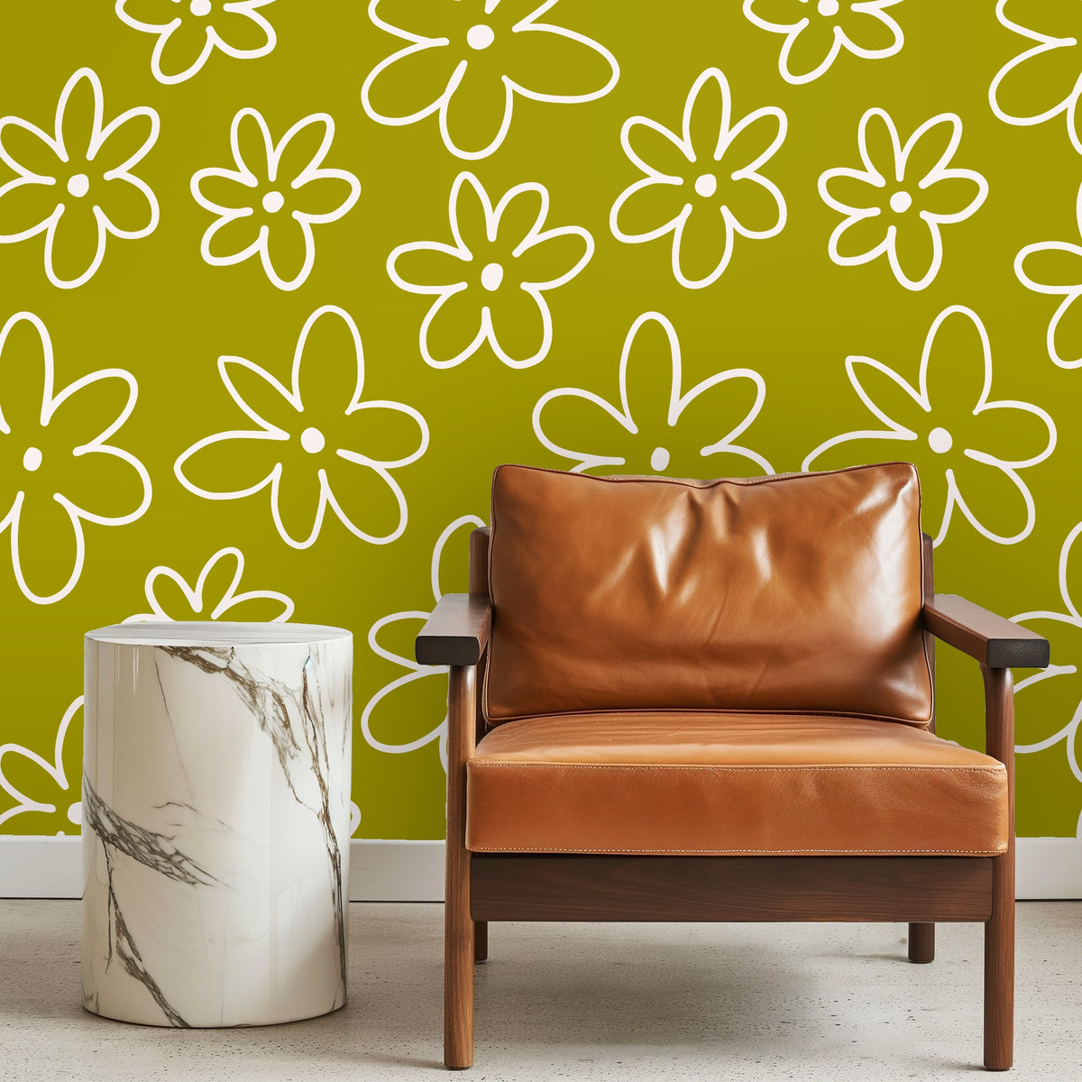 Arched niche styled with cushions and the graphic chartreuse daisy pattern