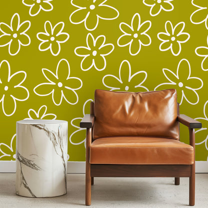 Arched niche styled with cushions and the graphic chartreuse daisy pattern