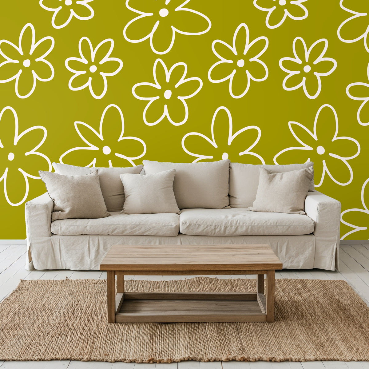 Close-up of oversized hand-drawn daisies in cream outline on a chartreuse-olive background