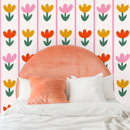 Detail shot of Tulip Parade pattern showing alternating tulip colors and narrow pink vertical stripes on a soft cream ground
