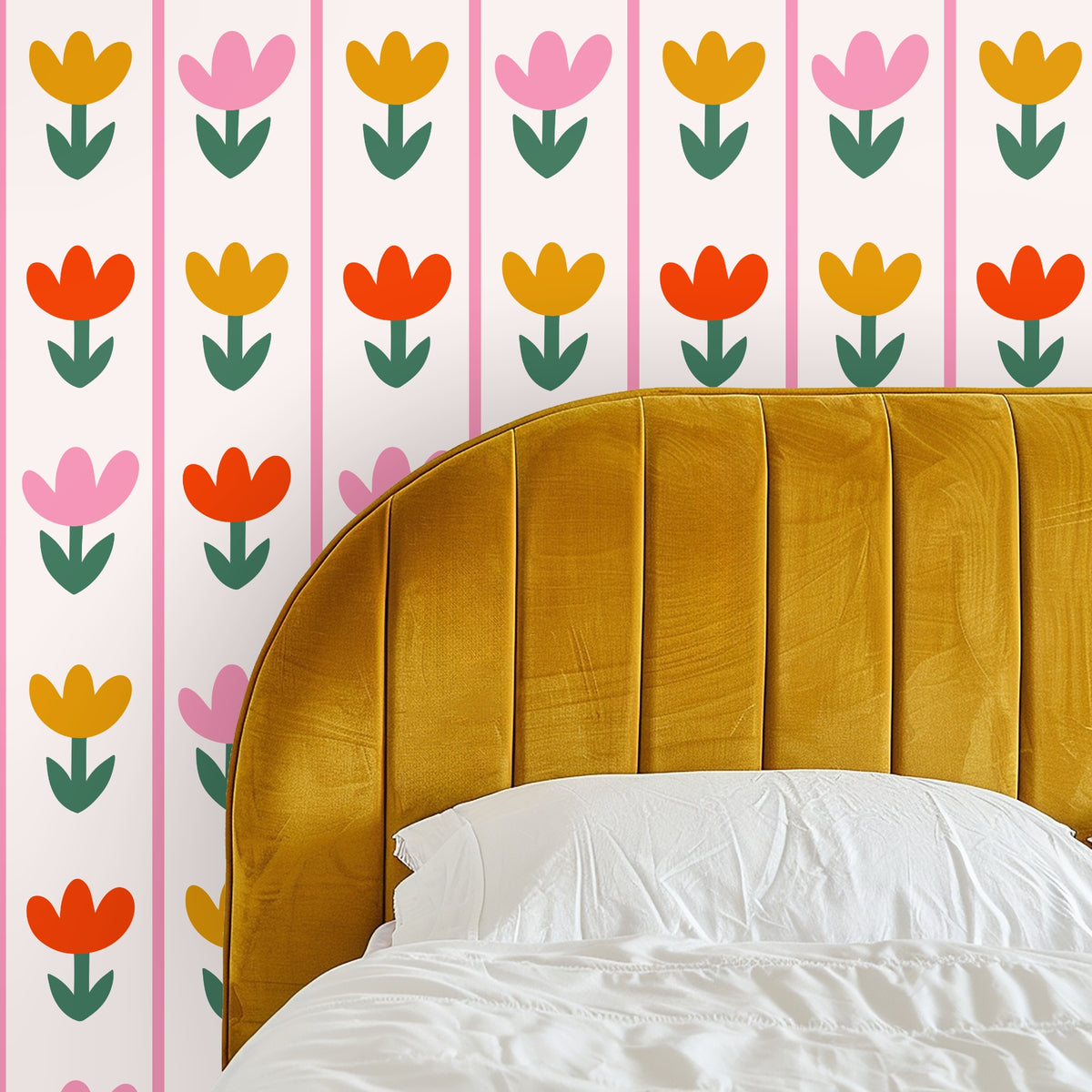 Close-up of Tulip Parade wallpaper showing rows of stylized tulips in pink, mustard and coral with green stems on a pale cream background
