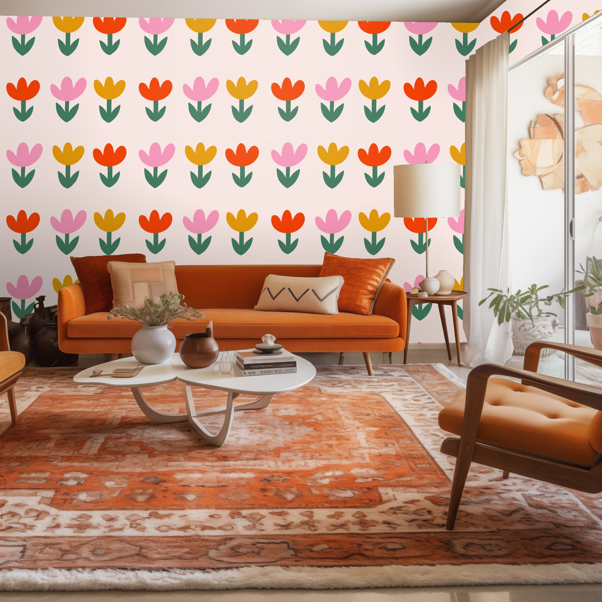 Styled room with clothing rack: Tulip Parade wallpaper behind a minimalist wood garment rack and neutral clothing