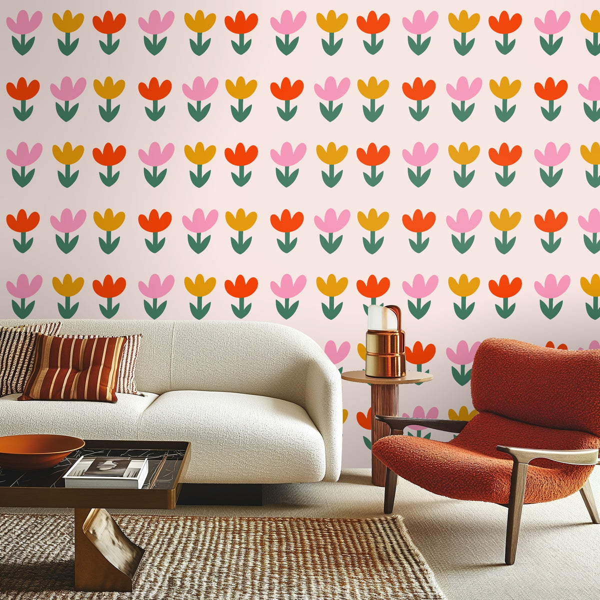 Close-up crop of pattern showing crisp flat color petals and paired green leaves on a blush field
