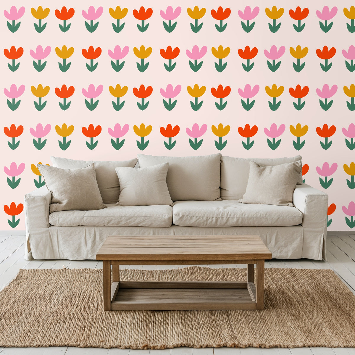 Bedroom headboard: Tulip Parade pattern behind a woven wood headboard with white bedding