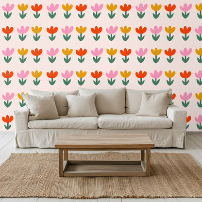 Bedroom headboard: Tulip Parade pattern behind a woven wood headboard with white bedding