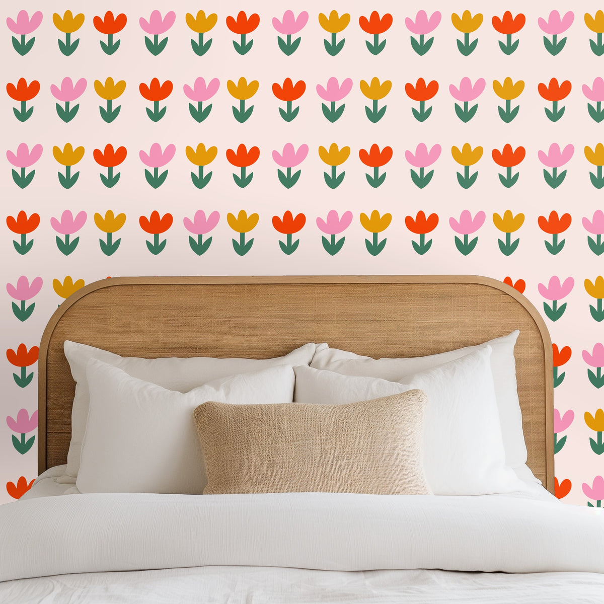 Entryway scene: Tulip wallpaper used as a feature behind a console table, mirror and ceramic lamp