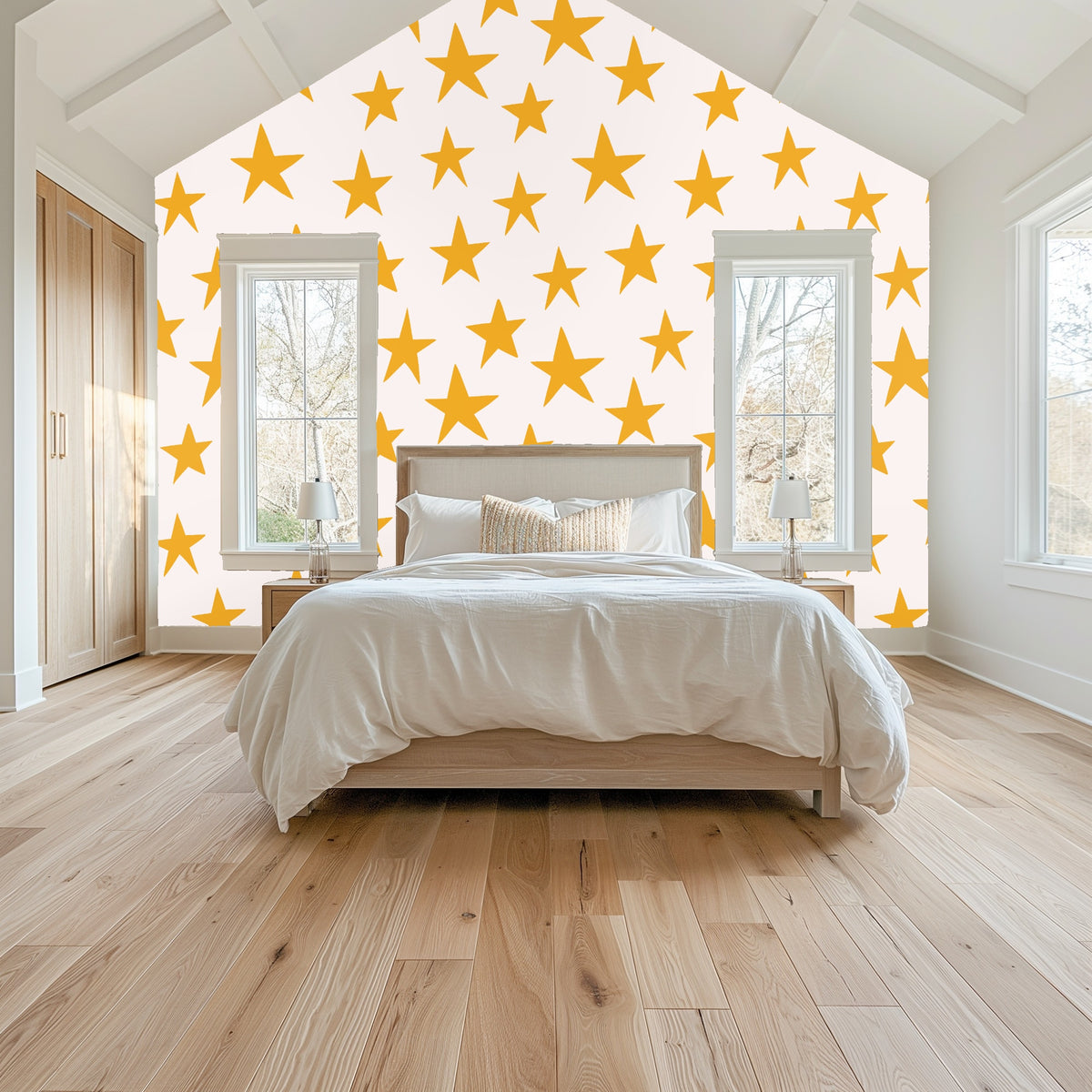 Cropped detail of the repeating stars highlighting the hand-drawn edges and soft blush ground.