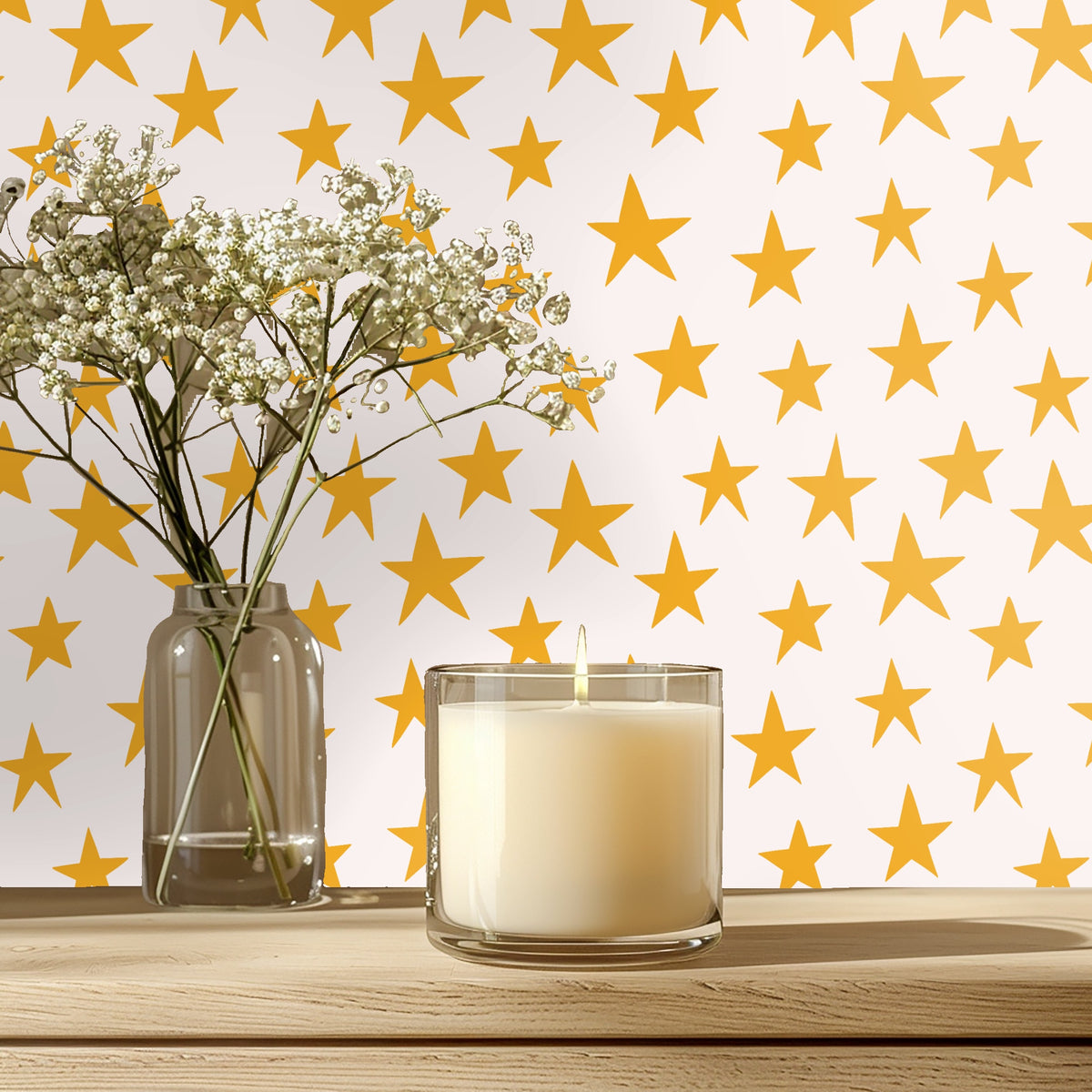 Rounded peach headboard in front of a full-wall star pattern showing the wallpaper at life-size scale.